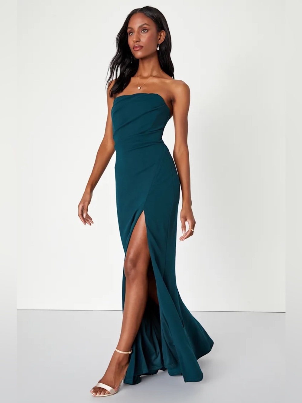 Lulus Marvelous Entrance Emerald Green Pleated Strapless Maxi Dress Size L NWT